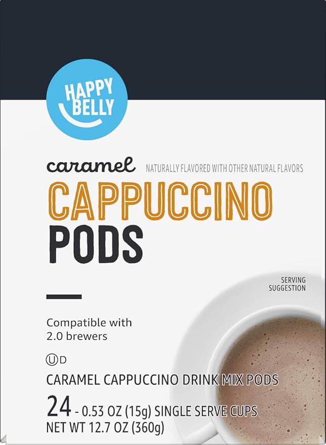 Amazon Brand - Happy Belly Cappuccino Coffee Pods Compatible with K-Cup Brewers, Caramel Flavored, 24 Count (Pack of 2)
