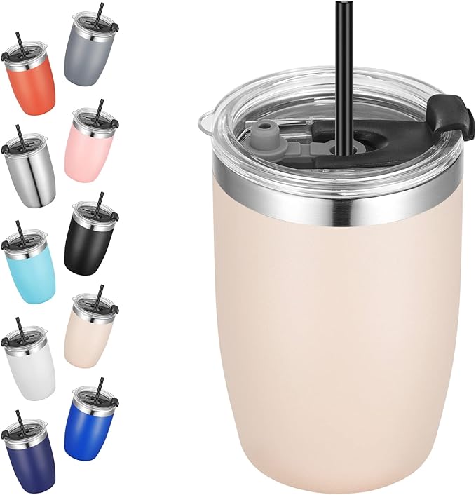 VEGOND Stainless Steel 12 oz Tumblers bulk Vacuum Insulated Double Wall Travel Tumbler with Lid and Straw Reusable Tumbler, Beige 1 Pack