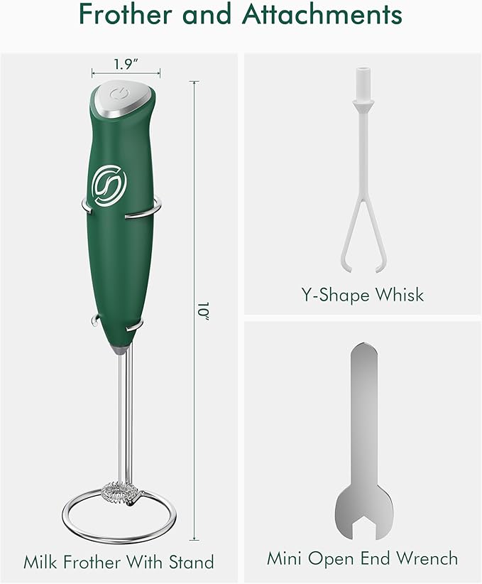 Milk Frother With Stand Handheld Frother Wand Drink Mixer Handheld Coffee Stirrers Electric Frother for Coffee Mixer Wand with 2 Whisk frother for protein powder-Green