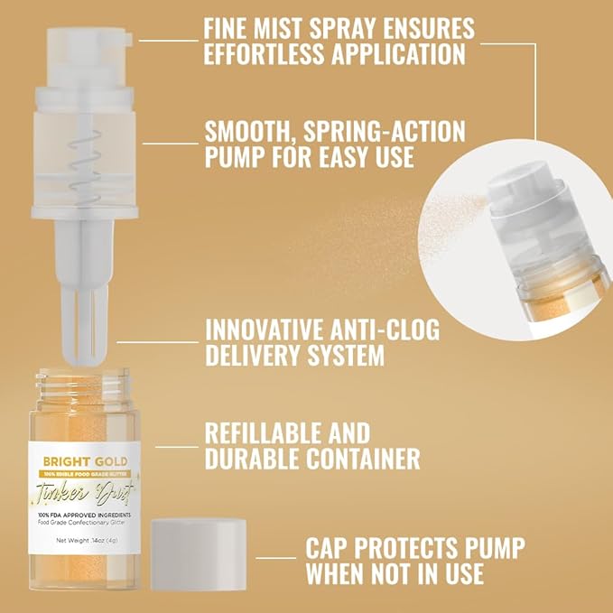 Bakell - Bright Gold Tinker Dust (4g, 1x Mini Spray Pump) Edible Glitter for Food, Desserts, and Beverages!