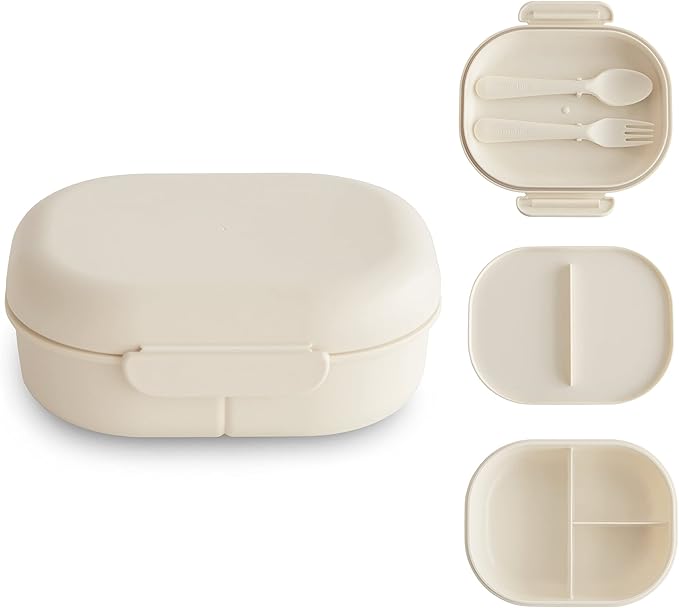 mushie Kids Bento Lunch Box | 3-Compartment & Removable Divider + Fork & Spoon Utensils | Great For Meals, School, Snacks On-the-Go | Dishwasher Safe (Ivory)
