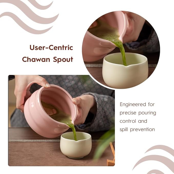 8 Pcs Matcha Set - Ceramic Bowl, Bamboo Whisk with Holder, Canister, Sifter, Schima Spoon, Spoon Rest and Tea Towel, Complete Kit for Traditional Matcha and Modern Lattes (Pink)