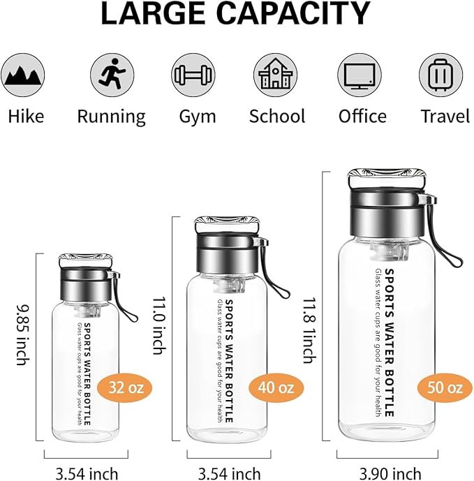 32 oz Glass Water Bottles - Large, Clear, Borosilicate Glass Water Bottle with Stainless Tea Infuser - Cup-Function Lid, Neoprene Sleeve, Strap - Wide Mouth BPA free, for Tea, Beverages, Juice
