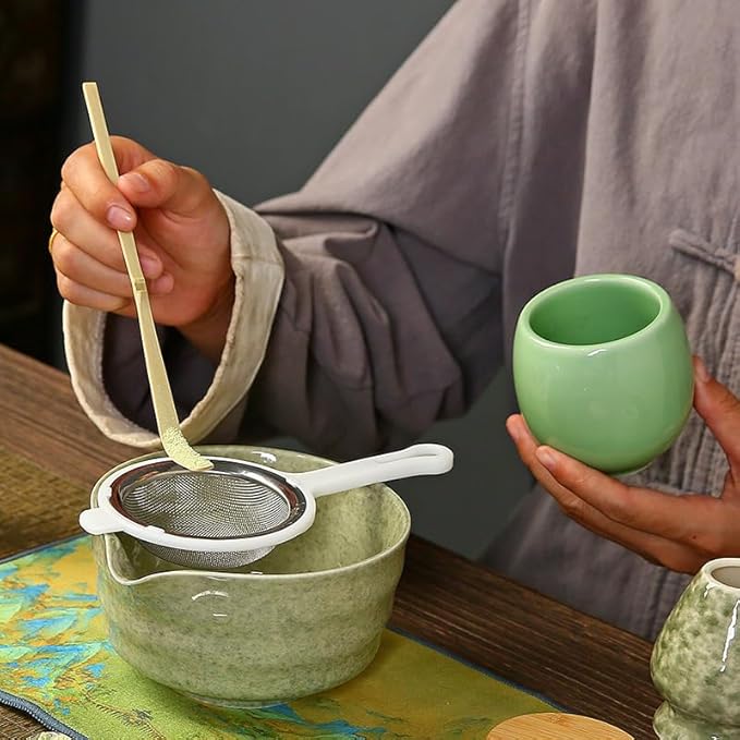 6-Piece Matcha Whisk Set, Japanese Bamboo Chasen, Scoop & Sifter, Traditional Ceremonial Kit with Ceramic Bowl, Whisk Holder Stand, Chakin Cloth (Ceramic glaze blue)