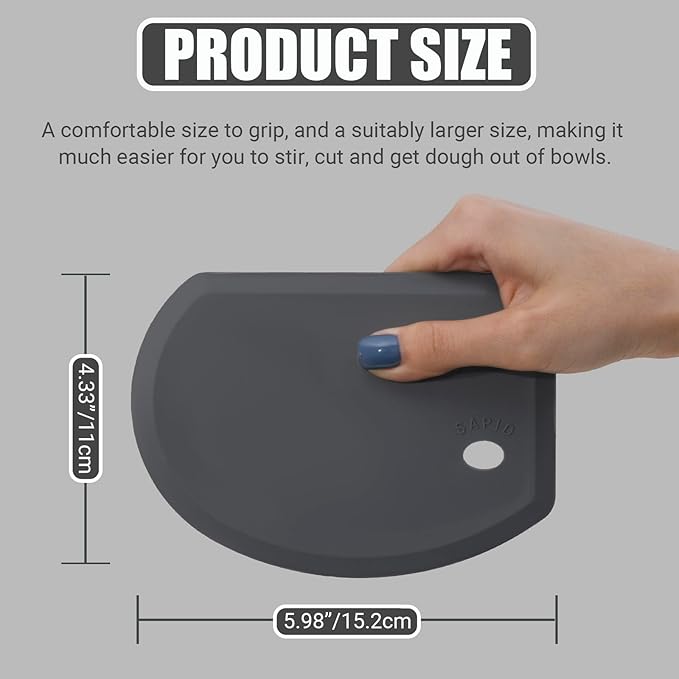 Silicone Dough Scraper with Stainless Steel Sheet, Curved Edge Flexible Bowl Scraper for Baking, Food Grade Silicone Bench Scraper for Sourdough Bread Proofing Basket, 5.98"×4.3", Dark Gray, SAPID