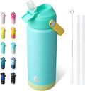 BJPKPK Insulated Water Bottle with Straw Lid, 18oz Thermos Water Bottles, Flex Handle & Non-slip Boot, BPA Free Leak Proof Stainless Steel Metal Thermos, Tumblers, Cups,Twilight Blue