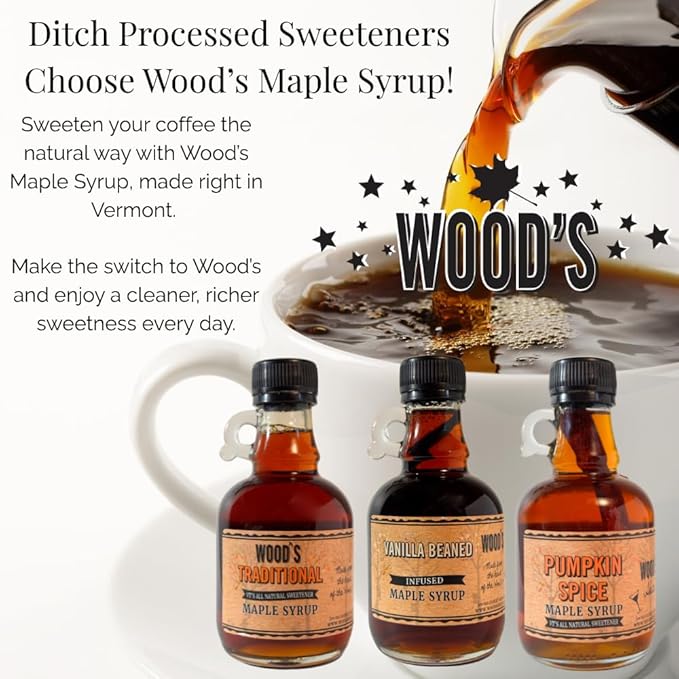 WOOD'S Blueberry Crush Maple Syrup – Small-Batch Vermont Maple Syrup Infused with Real Blueberry Flavor | All-Natural, Vegan Sweetener for Pancakes, Desserts, Cocktails & Baking | 8.45 Fl Oz (250mL)