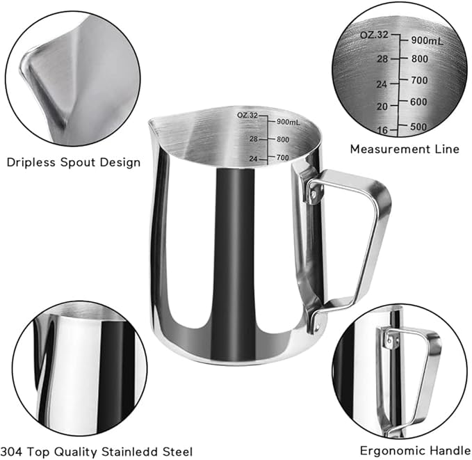 32oz Milk Frothing Pitcher, Stainless Steel Espresso Latte Cup Steaming Pitcher Creamer Cup, Milk Frother Cup Espresso Machine Accessories Barista Tools Jug for Coffee Cappuccino with Latte Art Pen