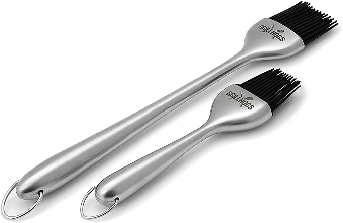 Kitchen Basting Brush, 18/0 Stainless Steel Set of 2 for Grilling & Cooking - 7.5 Inch Precision & 12 Inch Reach Grill Brushes with 480°F Heat Resistant Bristles - Silicone Brush, Pastry, BBQ Brush
