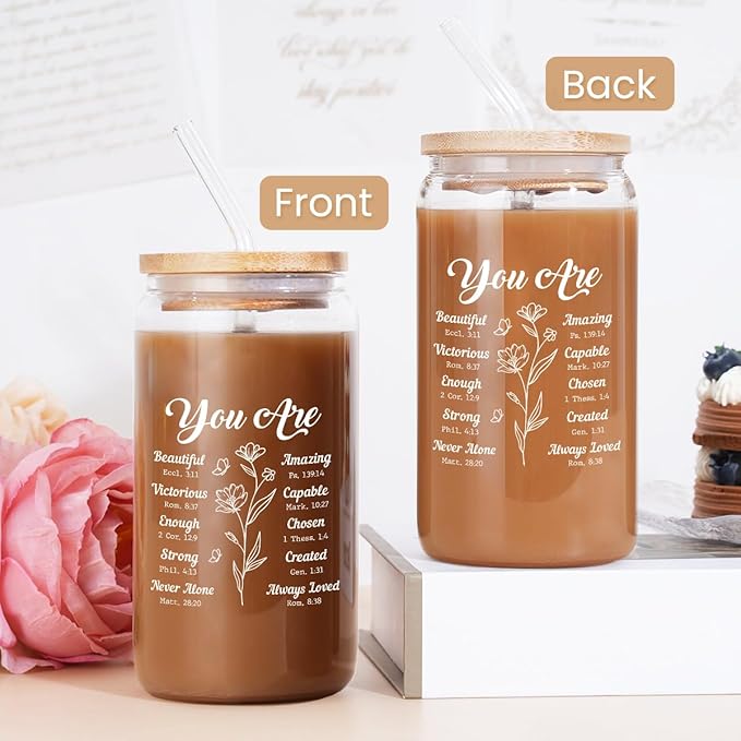 Christian Gifts for Women - Inspirational 16 Oz Can Glass Coffee Cup with Bamboo Lid & Straw - Religious Motivational Catholic Gifts for Womens Ladies