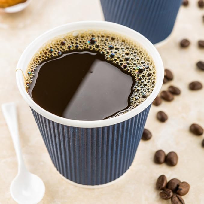 Restaurantware 8 Ounce Double Wall Disposable Coffee Cups, 500 Insulated Dark Blue Paper Tumblers Ripple Wall Design, Lids Sold Separately for Hot Drinks like Tea, Hot Chocolate, and More