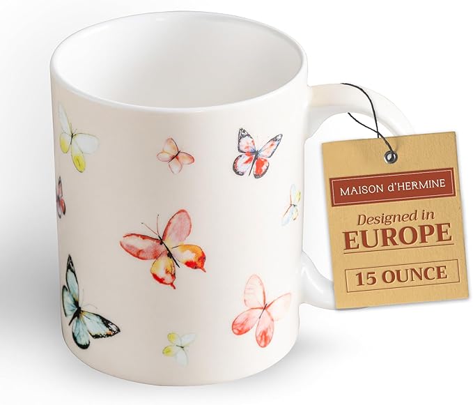 Maison d' Hermine Coffee Mug with Handles Fine Bone China Mugs Pack of One Tea Cups for Hot Beverages Cappuccino Latte Home Restaurant Office Perfect for Gift (Botanical Fresh - Butterflies, 15 Ounce)