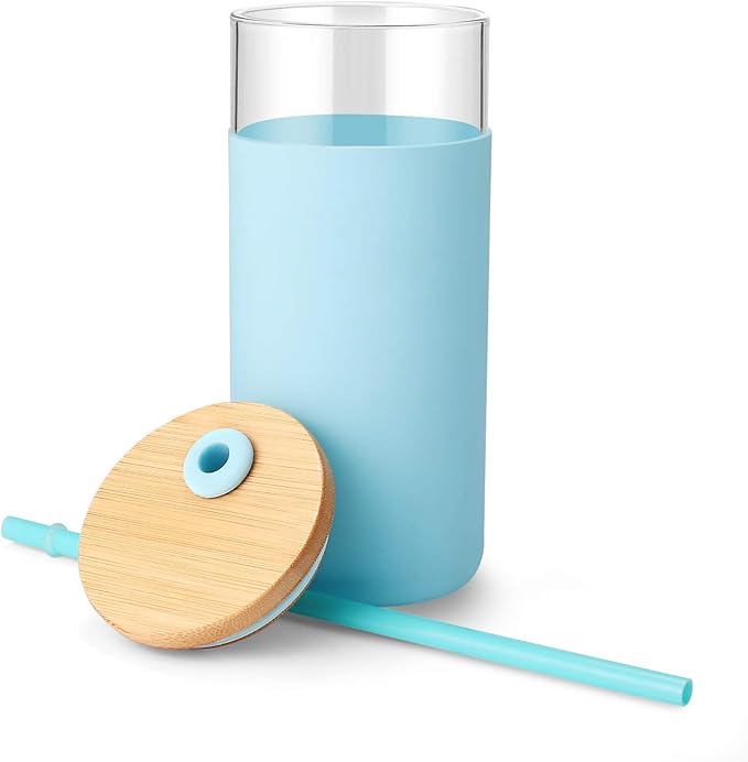 Tronco 20 oz Glass Tumbler with Lid and Straw, Reusable Iced Coffee Cup with Silicone Sleeve & Bamboo Lid, Smoothie Cup for Home,Office, for Father Men Day Gift from Wife Daughter Son (Cape Cod Blue)