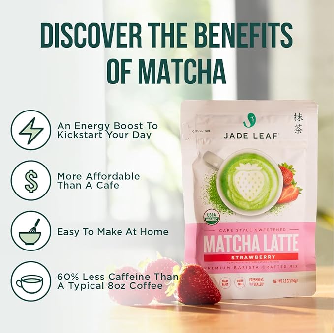 Jade Leaf Matcha Organic Premium Ceremonial Grade Matcha Green Tea Powder - Japanese - Culinary, Ingredient, Ceremonial Barista Teahouse, Latte, Collagen, 5.3 Ounce (Pack of 1), Strawberry Matcha Latte
