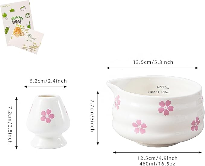 2pcs Matcha Bowl with Whisk Holder, Ceramic Cherry Blossom Matcha Bowl with Spout, 16.5OZ Porcelain Bowl with Measurement Marks,Tea Mixing Bowl with Whisk Stand, Matcha Gift (sakura)