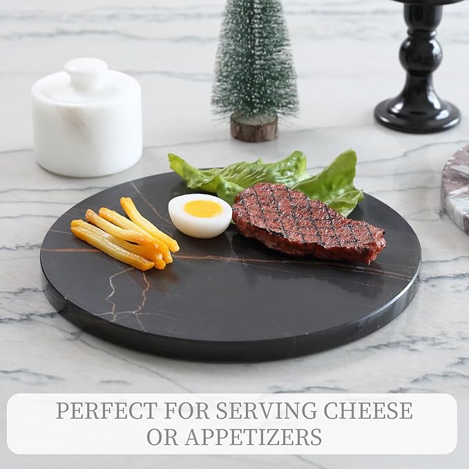 Koville Natural Marble Cutting Board for Kitchen, 11inch Round Hand Crafted Marble Slab for Cheese, Charcuterie, Pastry Board - Wedding Gift, House Warming Gift(NOIRAZIZA)