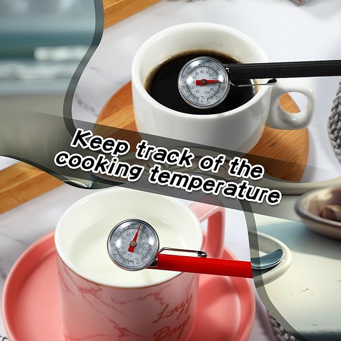Xuhal 6 Pcs Stainless Steel Kitchen Thermometer with 5 Inch Long Stem 1 Inch Dial Thermometer Milk Frothing Food for Oven Probe Meat Grill BBQ Cooking Chocolate Water(Black)