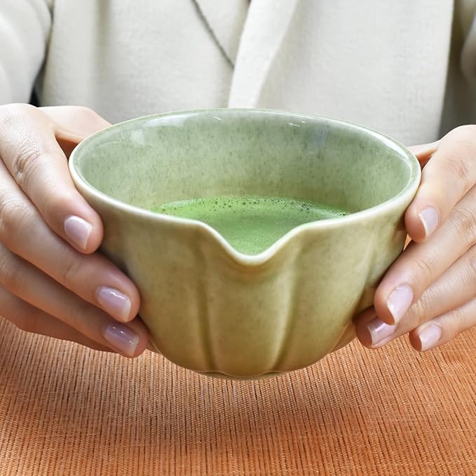 Artcome 7 Pcs Japanese Matcha Tea Set - Matcha Bowl with Pouring Spout, Matcha Whisk, Tea Scoop, Whisk Holder, Handmade Matcha Ceremony Kit For Japanese Tea Ceremony, Mottled Green