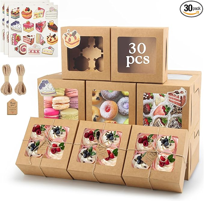 OAMCEG 30 Pack Cookie Boxes with Window, 6x6x3 Inches Brown Bakery Treat Boxes with Stickers & Twine for Pastry, Desserts, Strawberries, Cupcakes, Gift Giving