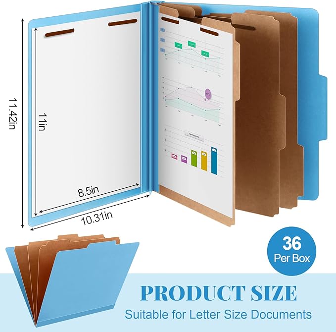 36 Pcs Classification Folders Letter Size, Back to School Supply for Teacher, Student, 3 Dividers Pressboard File Folder Bulk with 2 Fasteners, 3.5 Inch Expanding File Organizer (Blue)