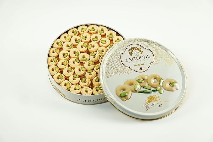 Zaitoune Ghraybeh Cookies - 1.1 lb | Luxurious Traditional Middle Eastern Pistachio Shortbreads Handcrafted in Turkey | Beautiful Reusable Gift Tin | Perfect for Dessert | Great Sharing Present