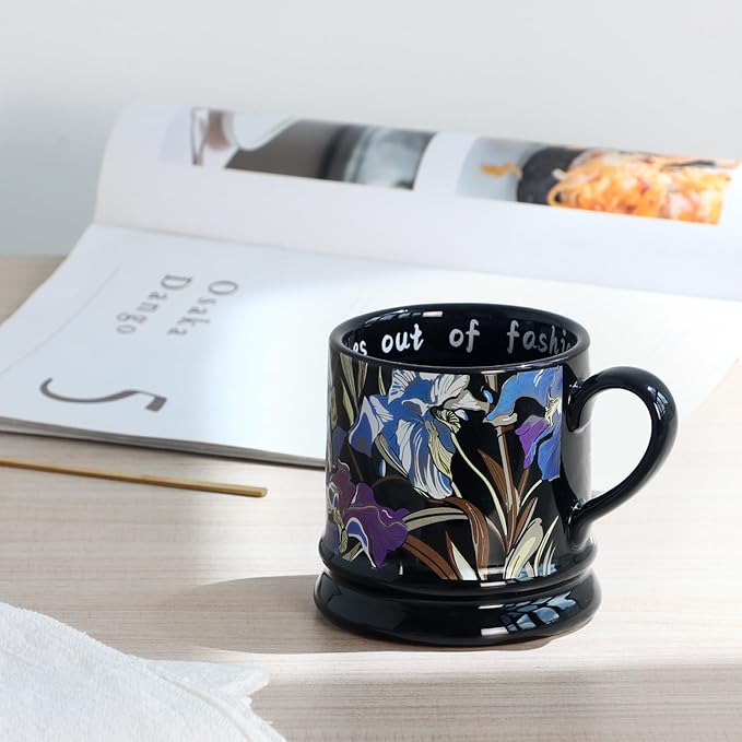 Ceramic Coffee Cappuccino Mug, 13 oz Classical Flower Mugs Vintage Floral Cups Aesthetic Mug Tea Cup, Perfect for Tea, Cocoa, Latte - Gifts for Women Men Dad Mom (Black)