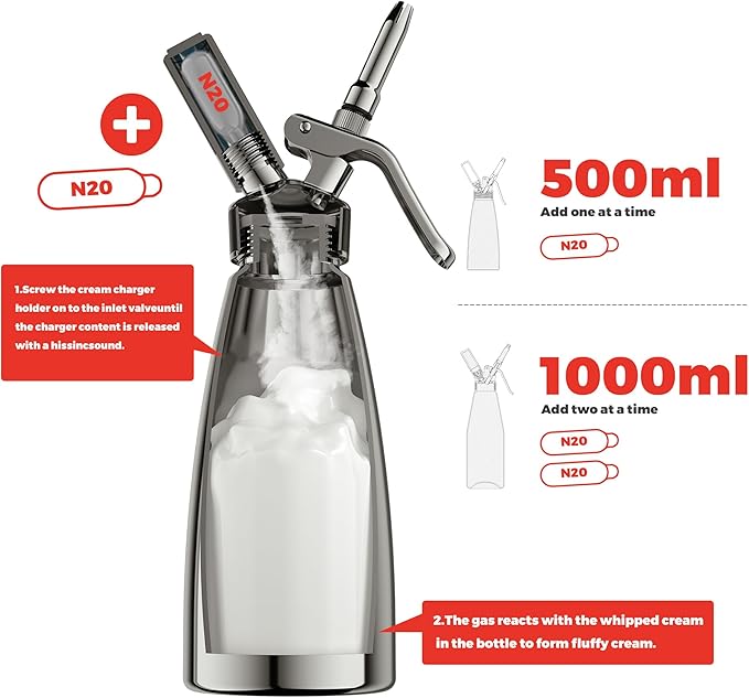 Professional Aluminum Whipped Cream Dispenser - 500 mL/1 Pint,Whipped Cream Maker Canister with 5 Decorating Nozzles & Cleaning Brush - Need To Use N2O Chargers (Not Included) (Black, 500ml)