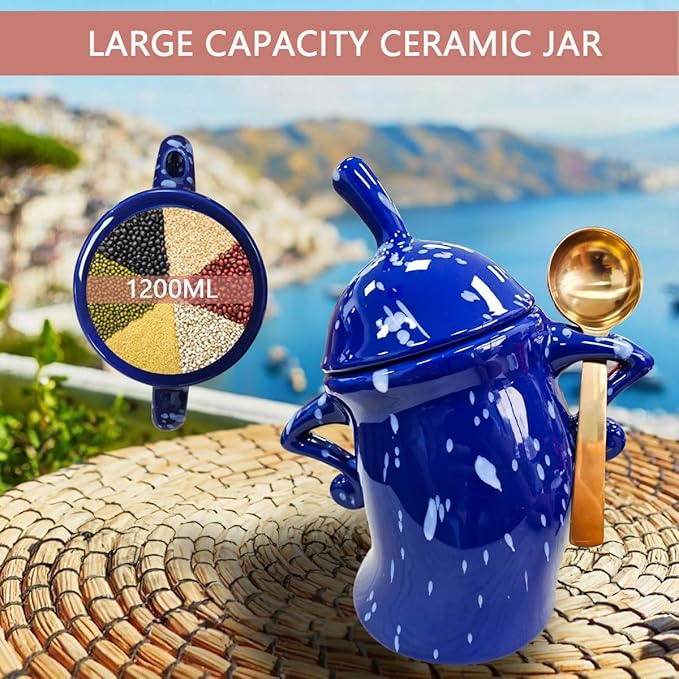 Canister With Attitude - 1.2L Ceramic Storage Jar with Lid, Airtight Kitchen Canisters Set for Coffee, Sugar & Tea | Farmhouse Flour Sugar Storage Container, Handmade with Spoon Rest (Gyan+White)
