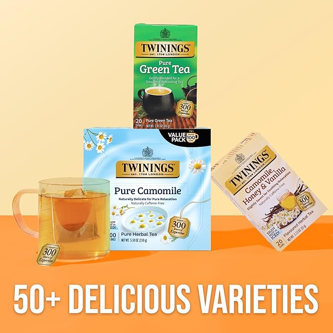 Twinings Pure Camomile Herbal Tea Individually Wrapped Bags, 100 Count (Pack of 1), Delicate for Pure Relaxation, Naturally Caffeine-Free, Enjoy Hot or Iced, 100 Teabags