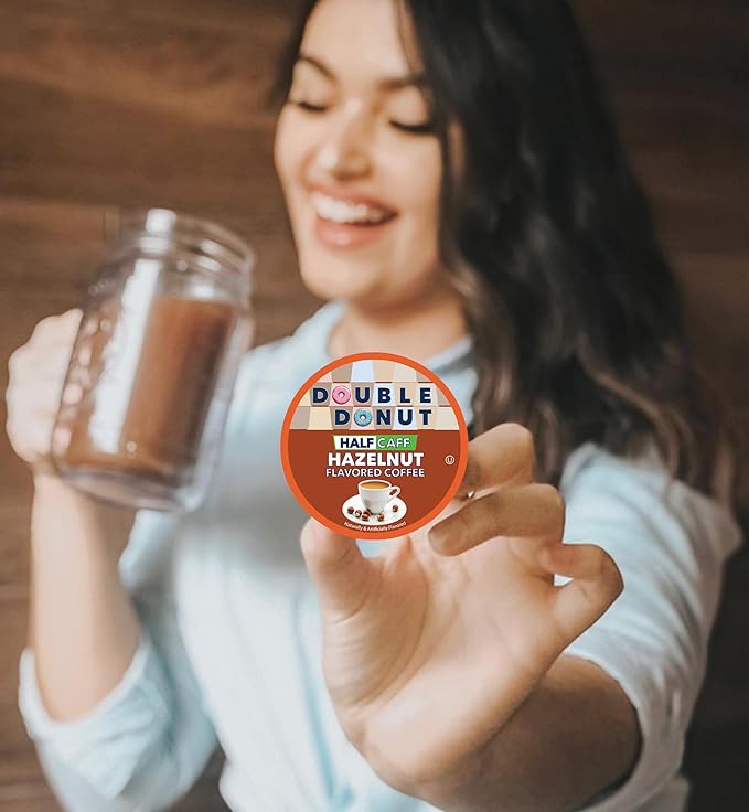 Double Donut Coffee Hazelnut Half Caff Coffee Pods, Single Serve Flavored Half Caffeine Coffee Pods For Keurig K Cup Brewers, Medium Roast, 20 Count