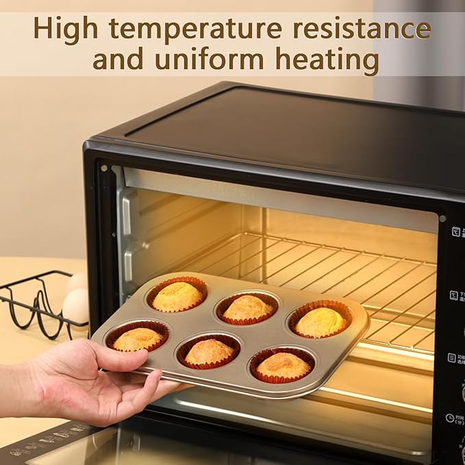 2Pcs Non-Stick 6-Cup Muffin Pan for Baking, Carbon Steel Cupcake Baking Tray, Stackable Cupcake Molds, Dishwasher Safe - 10.4 x 7.3 x 1.1 Inches (Black)