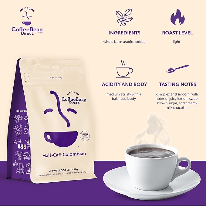 Coffee Bean Direct Half-Caff Colombian, Whole Bean Coffee, Light Roast, 1 Pound Bag (Pack of 1)