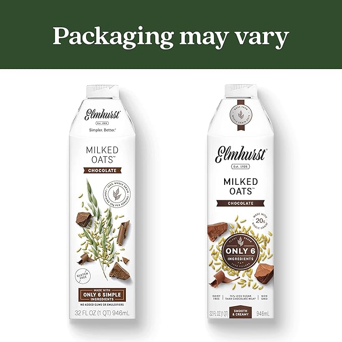 Elmhurst 1925 Chocolate Oat Milk - 32 Ounce (Pack of 6) Dairy-Free, Vegan, Kosher, Gluten-Free, Less Sugar, Shelf Stable Plant Based Milk Made with Whole Grain Oats & Cocoa for Smoothies & Baking