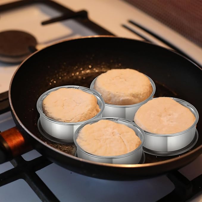 HARFINGTON 8pcs Crumpet Rings 3.94" Nonstick Round Cake Ring Stainless Steel Double Rolled English Pastry Rings for Kitchen Baking Crumpet Dessert, Silver