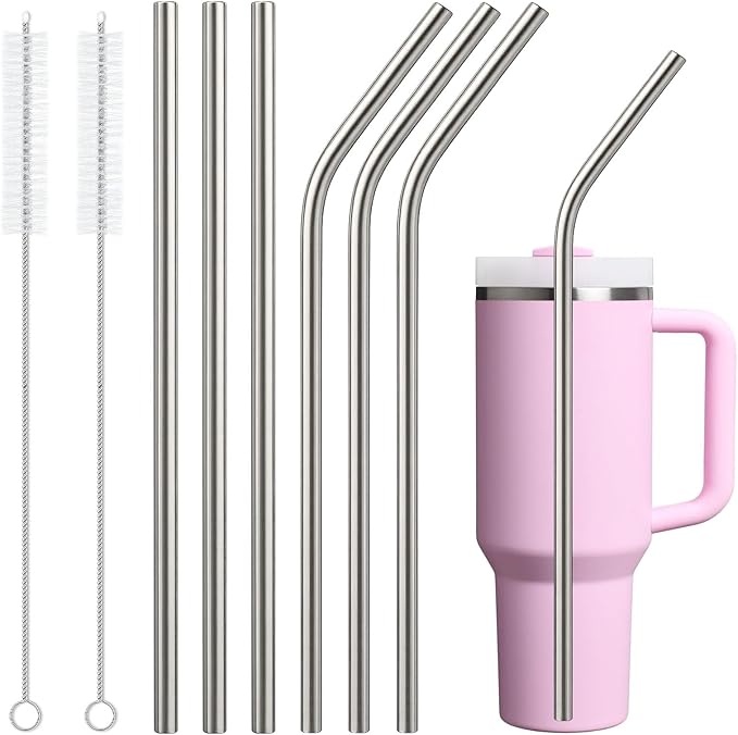 6 Pack Stainless Steel Straw Replacement for Stanley 40 oz 30 oz Tumbler,3 Straight + 3 Curved BPA Free Reusable Metal Straws with Cleaning Brush, 12Inch Long Drinking Reusable Accessories