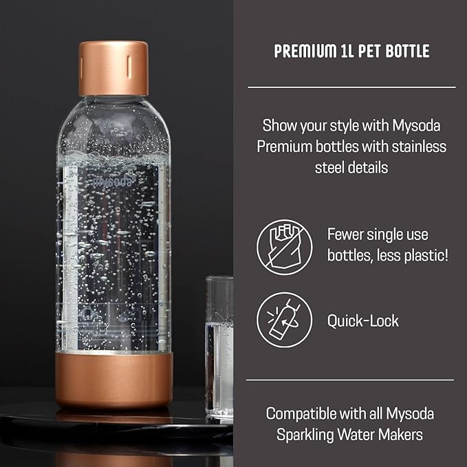 Mysoda Ruby 2 Sparkling Water Maker - Soda Streaming Machine Silent Carbonated Water Machine Robust Long-Lasting Aluminium Soda Maker 1L Water Bottle Without CO2 Cylinder - White Copper Soda Machine