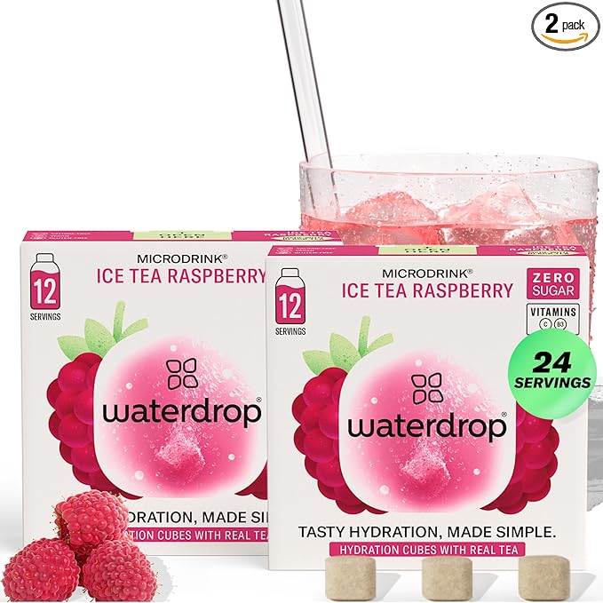 Waterdrop Hydration Cubes, Iced Tea Raspberry, 230 MG Electrolyte & Vitamin Blend Drops for Still & Sparkling Water, Vitamin C & B3, On The Go, Low Calorie, Zero Sugar, Non GMO & Gluten Free, 24 CT