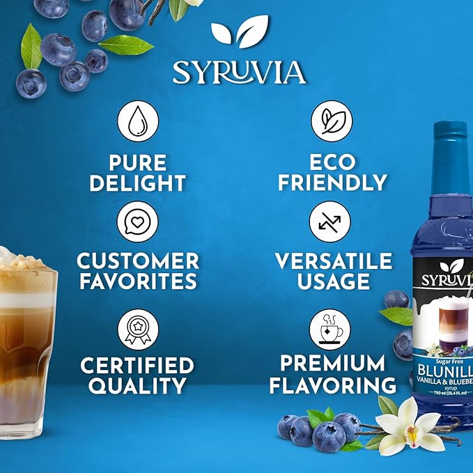 Syruvia Sugar Free Coffee Syrup, BLUNILLA Syrup, Vanilla Blueberry Flavored Syrup for Drinks, Lattes, and Desserts – 25.4 fl oz