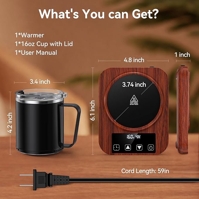 Coffee Mug Warmer & Mug Set for Desk, 36W Electric Coffee Cup Warmer with 16oz Cup, 9 Temp Settings, 1-12H Timer Auto Shut Off Heated Mug Plate, Home Office Desk Accessory, Gifts for Women Men, Wood