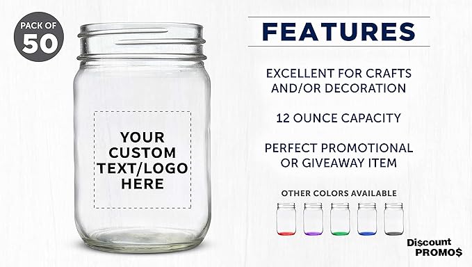 DISCOUNT PROMOS Custom Decorating Mason Jars 12 oz. Set of 50, Personalized Bulk Pack - Glass Jars for Overnight Oats, Candies, Fruits, Pickles, Spices, Beverages - Clear