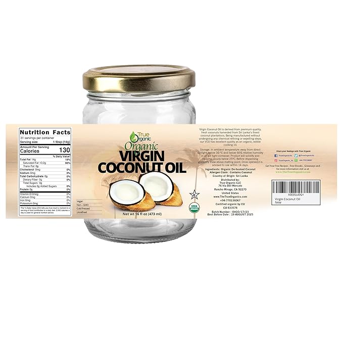 True Organic Virgin Coconut Oil 16 Fl Oz |Unrefined, Cold-Pressed Extra Virgin Coconut Oil | USDA Organic and Kosher |Cooking Oil.