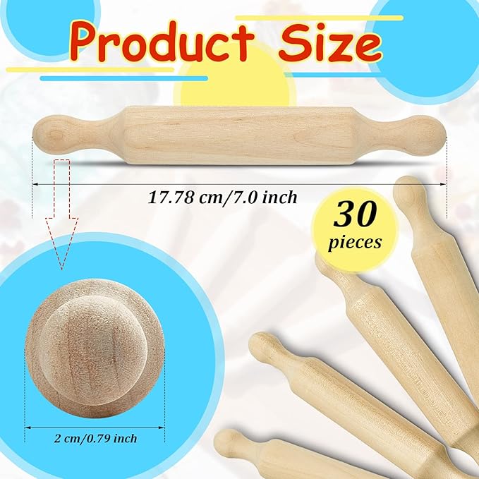 Suclain 30 Pcs Wooden Mini Rolling Pin Long Kitchen Baking Small Dough Rolling Pin for Children Fondant Pastry Pizza Crafting and Imaginative Play for Halloween and Christmas Presents (7 Inches)