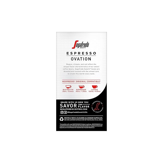 Segafredo Zanetti Espresso Capsules – Aluminum Pods for Nespresso Original Machines – Dark Roast Premium Espresso with a Full-Bodied Aroma – Strong, Intensity 11 – Ovation, 10 Count