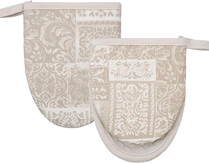 Mini Silicone Oven Mitts, Heat and Slip Resistant Kitchen Mittens 2-Pack Set, Khaki Patchwork Flower Soft Short Oven Gloves, Flexible Thick Pot Holders for Safe Cooking Baking & Grill (Khaki)