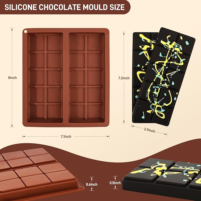 2 Pcs Chocolate Molds Silicone, Deep Chocolate Bar Mold, Non-Stick Food Grade Chocolate Mold for Dubai Chocolate Bar Pistachio, Candy and Chocolate Making - 20 Square Shape