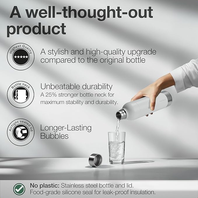 Stainless Steel Carbonating Bottle 33 oz | Compatible with Aarke Carbonator 3 (Exl. Pro), Sodastream (Excl. model Aqua Fizz + Jet) and many others | Dishwasher Safe, No Expiration Date