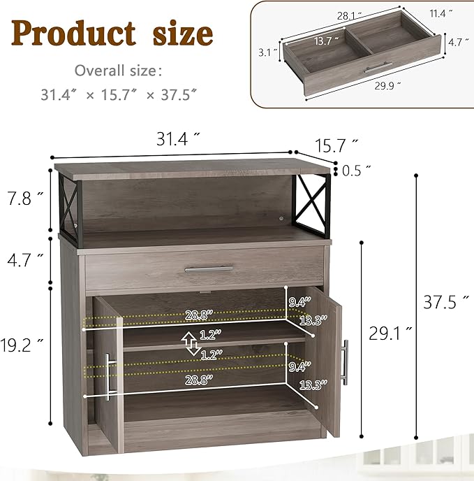 Vongrasig Sideboard Buffet Cabinet with Storage, 32” Modern Kitchen Storage Cabinet with Open Storage, Adjustable Shelf, Wood Farmhouse Coffee Bar Buffet Table for Kitchen, Dining Room, Ash Grey