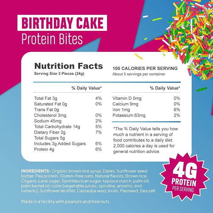 McCaffrey Protein Bites – Birthday Cake Flavor – 6 Multi-Serving 4oz Bags – 4g of Protein per Serving – Gluten-Free, Vegan, High Fiber Energy Snack for Active Families