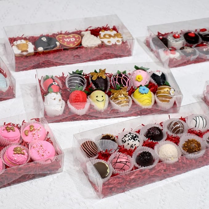 RomanticBaking 5Pcs 12x5x2Inches Clear Easter Cookies Boxes Plastic Chocolate Covered Strawberries Boxes for 12 Chocoalte Truffle Box Bakery Box Cakesickle Gift Treat Pack for Christmas Valentine's