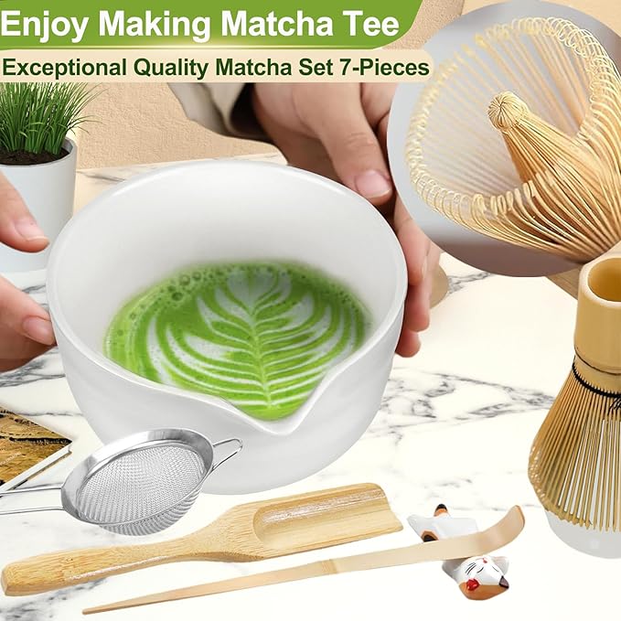 7 Pcs Matcha Whisk Set, Matcha Set with Ceramic Bowl, Bamboo Scoop, Whisk, Whisk Holder, Sifter, Spoon and Scoop Holder, Matcha Kit for Matcha Lover (White)